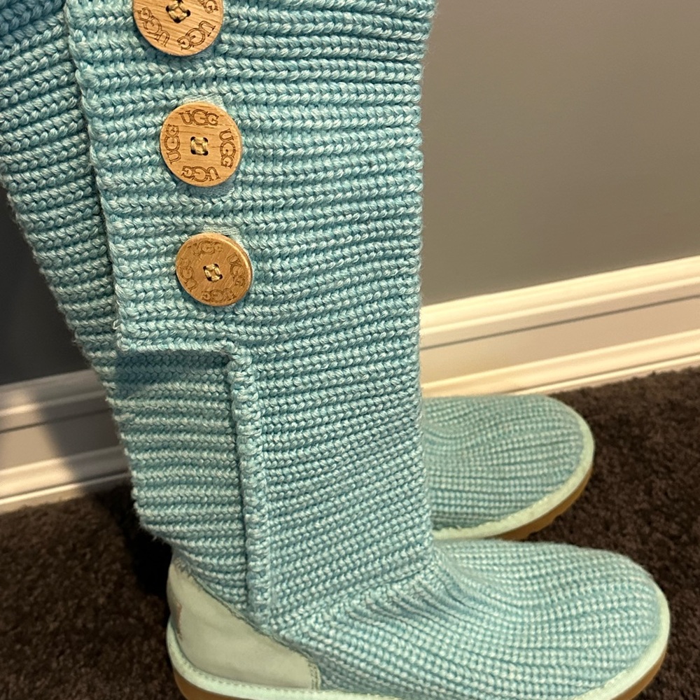UGG Light Blue Knit Boots with Button Detail